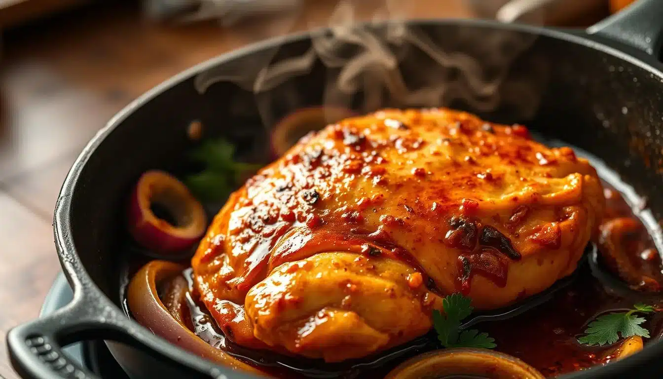 A steamy, juicy chicken breast sizzles in a cast-iron skillet, bathed in a vibrant, smoky-spicy chipotle marinade. Tender onion slices and vibrant cilantro leaves surround the chicken, adding depth and freshness. The scene is illuminated by warm, golden-hued lighting, casting a cozy, mouthwatering glow. The camera angle is close-up, drawing the viewer