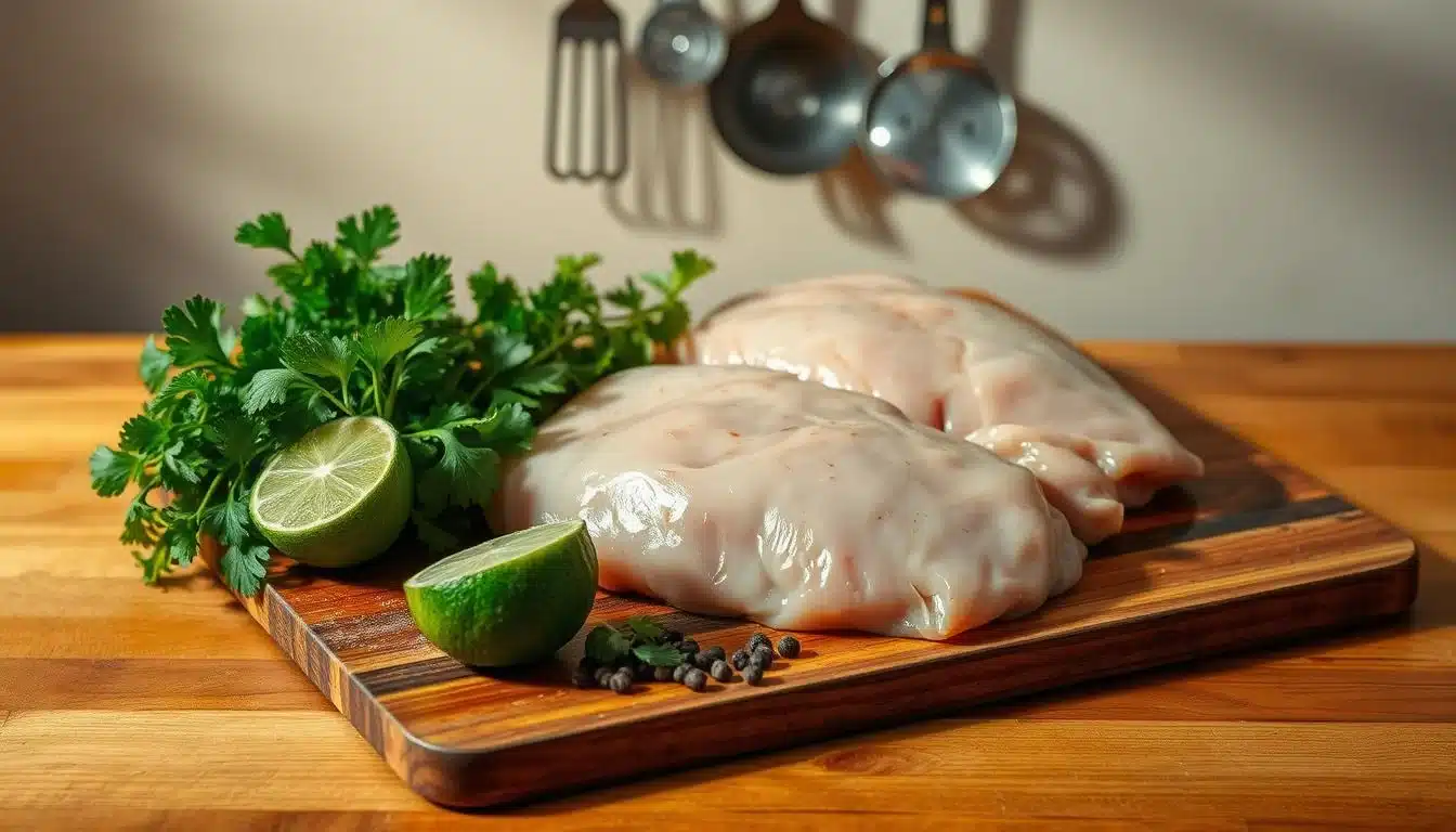 A large wooden cutting board with a rustic, weathered surface. Neatly arranged on it are the essential ingredients for an authentic Chipotle Chicken recipe: boneless, skinless chicken thighs, a bundle of fresh cilantro, a lime cut in half, and a small pile of whole black peppercorns. In the background, a set of steel kitchen utensils hangs on the wall, casting soft shadows across the scene. Warm, directional lighting illuminates the ingredients, creating a cozy, inviting atmosphere perfect for a home-cooked meal.