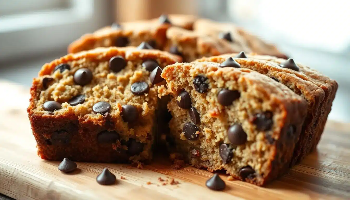 A freshly baked, moist and golden-brown chocolate chip banana bread, perfectly sliced and arranged on a wooden cutting board. The muffin-like texture is accentuated by the rich, gooey chocolate chips peeking through the tender crumb. Soft natural lighting from the side casts subtle shadows, highlighting the bread