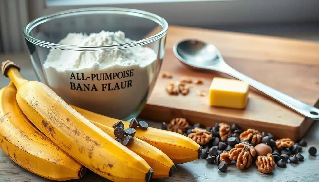 A neatly arranged still life showcasing the essential ingredients for moist and flavorful homemade banana chocolate chip bread. In the foreground, ripe bananas, their skins a warm, golden hue, are nestled alongside dark chocolate chips and walnuts. The middle ground features a glass mixing bowl filled with all-purpose flour, sugar, and baking soda, complemented by a pat of butter and a cracked farm-fresh egg. In the background, a wooden cutting board and a stainless steel mixing spoon add a rustic, homey atmosphere, as natural window light filters in, casting a soft, even glow over the entire scene. The overall mood is one of wholesome, homemade comfort, inviting the viewer to imagine the delicious aroma and texture of the finished banana bread.