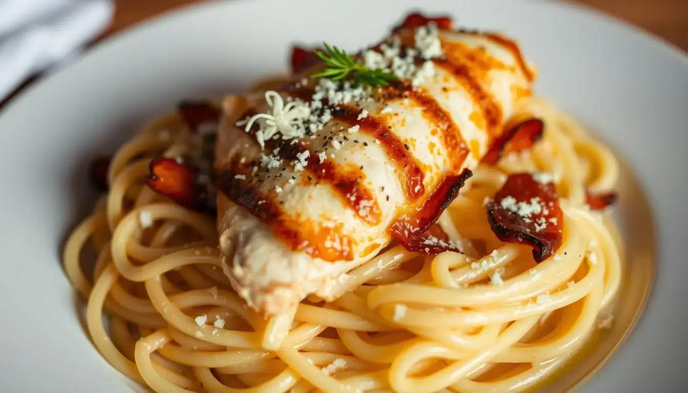 A delectable chicken carbonara dish, expertly crafted with tender grilled chicken, thick slices of crispy bacon, and a creamy, perfectly al dente pasta, all bathed in a rich Parmesan-infused sauce. The dish is artfully presented, with the chicken and bacon nestled atop the pasta, complemented by freshly grated Parmesan and a dusting of cracked black pepper. The lighting is soft and warm, casting a comforting glow over the scene, while the camera angle showcases the dish
