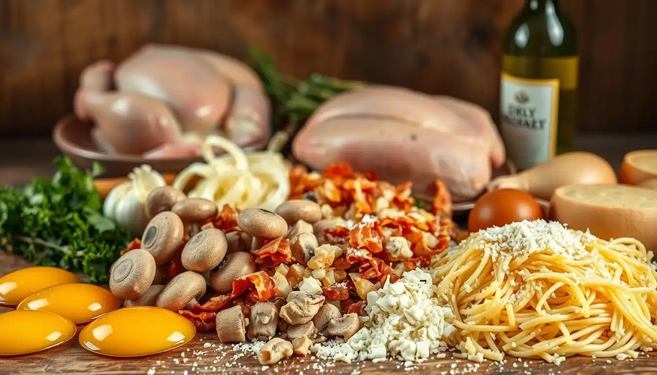 A bountiful still life of the essential ingredients for homemade chicken carbonara. In the foreground, arrange fresh egg yolks, crisp bacon slices, and a generous pile of grated parmesan cheese. In the middle ground, place an array of sliced mushrooms, diced onions, and minced garlic cloves. In the background, display a whole chicken, ready to be cubed, and a bottle of dry white wine. The lighting is warm and inviting, casting a soft glow over the scene. The camera angle is slightly elevated, providing an appetizing view of the delectable components. The overall mood is one of rustic elegance, capturing the essence of this classic Italian dish.