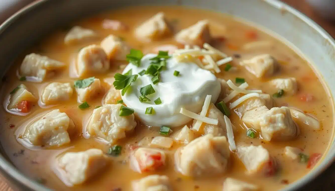 A warm, inviting bowl of Gluten-Free White Chicken Chili. Chunks of tender, juicy chicken breasts swimming in a creamy, savory broth, with aromatic herbs and spices. The chili is garnished with a sprinkle of freshly chopped cilantro, a dollop of cool sour cream, and a sprinkle of shredded white cheddar cheese. The lighting is soft and natural, casting a cozy glow on the dish. The camera angle is slightly elevated, showcasing the depth and texture of the chili. The background is blurred, allowing the chili to be the focal point, drawing the viewer