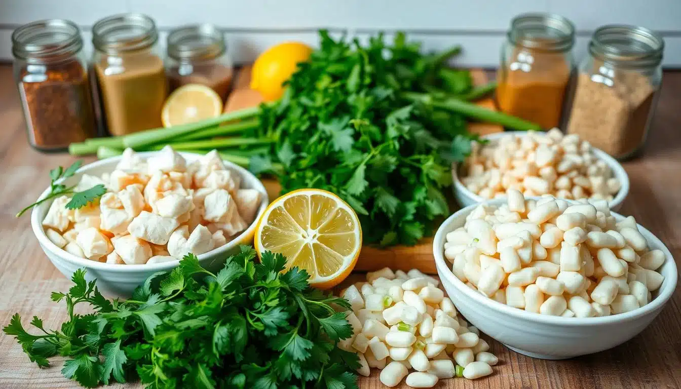 A neatly arranged still life of the essential ingredients for a delicious white chicken chili. In the foreground, an array of fresh herbs - cilantro, parsley, and scallions - their vibrant green hues contrasting with the creamy white bowls of cubed chicken, diced onions, and diced white beans. Behind them, jars of spices - cumin, chili powder, garlic powder - cast warm, soft shadows. In the middle ground, a cutting board with a freshly halved lime, its bright yellow flesh peeking through. The background features a rustic wooden table, with a subtle distressed texture, creating a cozy, homely atmosphere. Soft, diffused lighting illuminates the scene, evoking the comforting flavors of a hearty white chicken chili.