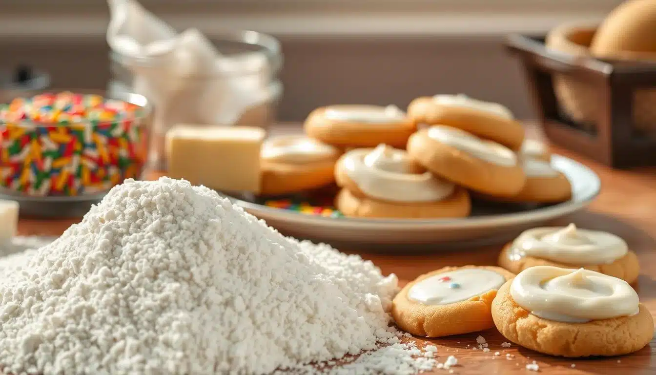 A meticulously arranged spread of the finest baking ingredients for a classic frosted sugar cookie recipe. In the foreground, a pile of soft, white all-purpose flour, a sprinkling of fine granulated sugar, and a pat of rich, creamy butter. In the middle ground, a collection of rainbow-colored sprinkles and a plate of freshly baked golden-brown cookies, their surfaces dotted with a glossy, smooth frosting. The background is bathed in warm, natural light, casting a cozy, inviting glow over the scene. The overall mood is one of warmth, comfort, and the promise of indulgent, homemade sweetness.