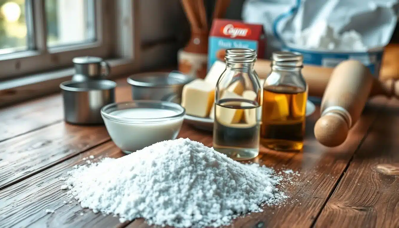High-resolution, detailed image of an arrangement of essential sugar cookie frosting ingredients on a rustic wooden table, with natural lighting from a window. In the foreground, a small pile of granulated white sugar, a small bowl of heavy cream or milk, and a small glass jar of clear vanilla extract. In the middle ground, a plate of softened butter cubes and a small sifter or flour shaker. In the background, a box of confectioners