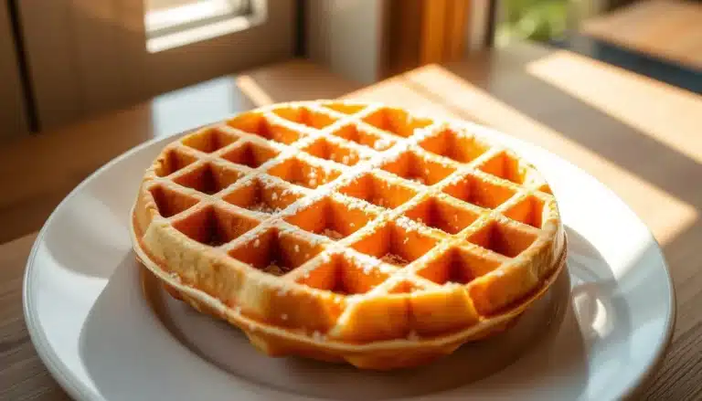 Crisp, golden-brown homemade waffles, freshly baked and steaming, sit atop a pristine white plate. The waffles