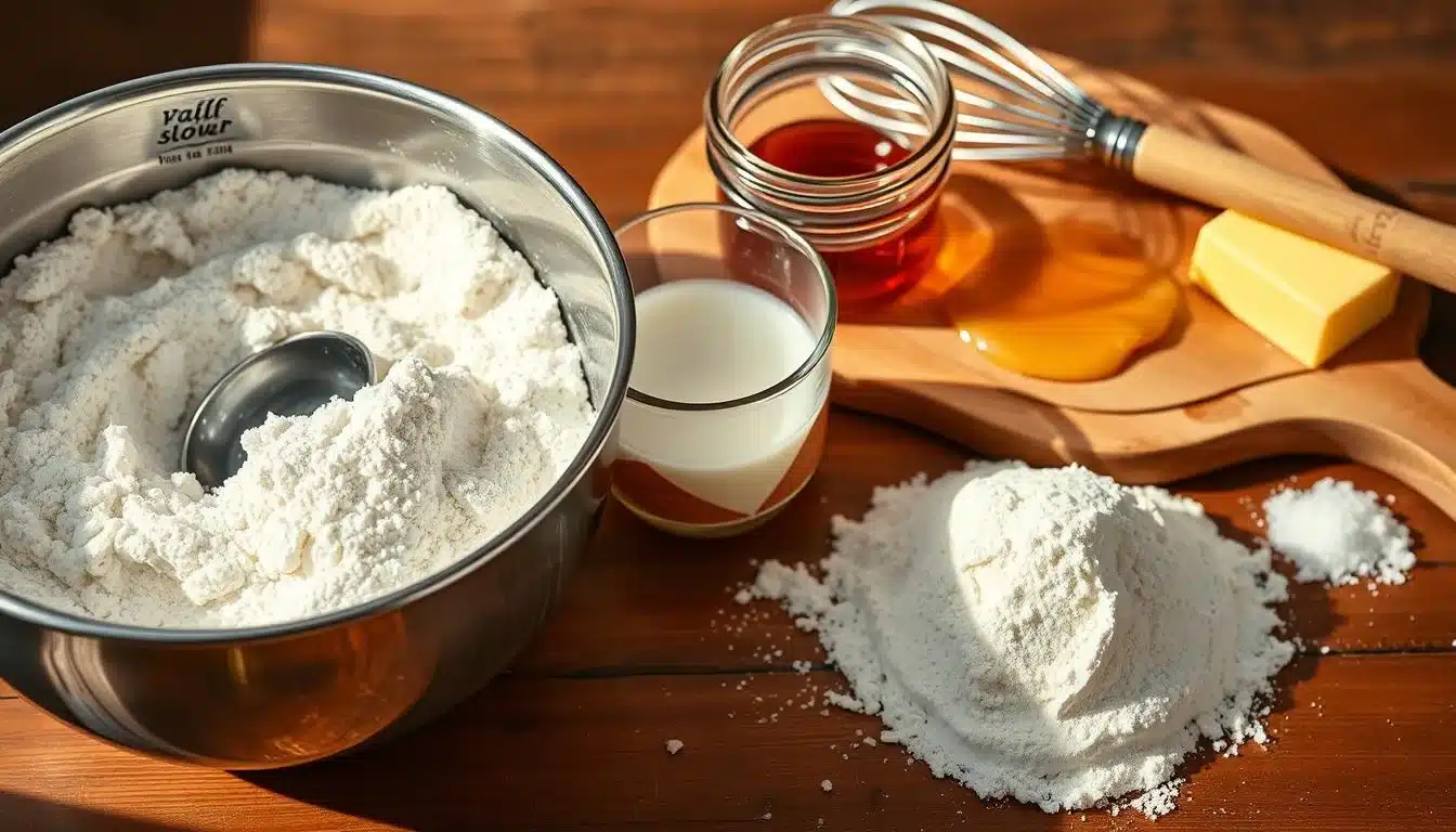 A vibrant still life capturing the essential ingredients for classic homemade waffle batter. In the foreground, a stainless steel mixing bowl holds a mound of all-purpose flour, with a scoop nestled within. Beside it, a glass measuring cup brimming with fresh milk, and a cracked brown eggshell resting nearby. In the middle ground, a pat of butter and a drizzle of golden honey sit atop a wooden cutting board, while a metal whisk and a pinch of salt complete the composition. The scene is bathed in warm, natural lighting, casting soft shadows and highlighting the textures of the various elements. The overall mood is one of rustic simplicity and culinary preparation, evoking the comforting aroma of freshly baked waffles.