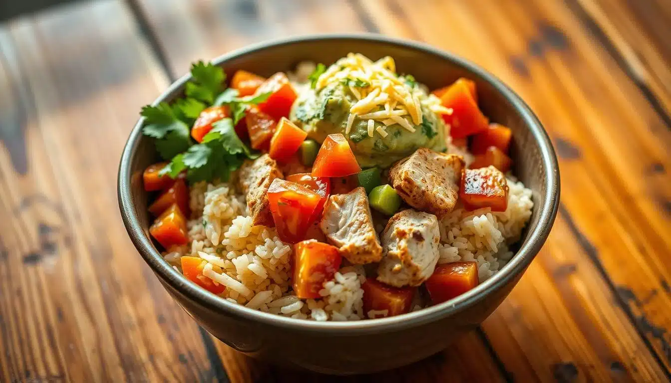 A close-up shot of a freshly prepared Chipotle-style burrito bowl, artfully arranged on a rustic wooden table. The bowl is filled with fluffy cilantro-lime rice, tender marinated chicken, colorful diced tomatoes, creamy guacamole, and a sprinkle of tangy shredded cheese. The lighting is warm and natural, highlighting the vibrant textures and colors of the ingredients. The composition is balanced, with the bowl positioned slightly off-center to create a sense of depth and movement. The overall mood is inviting and mouthwatering, evoking the flavors and aromas of the famous Chipotle burrito bowl.