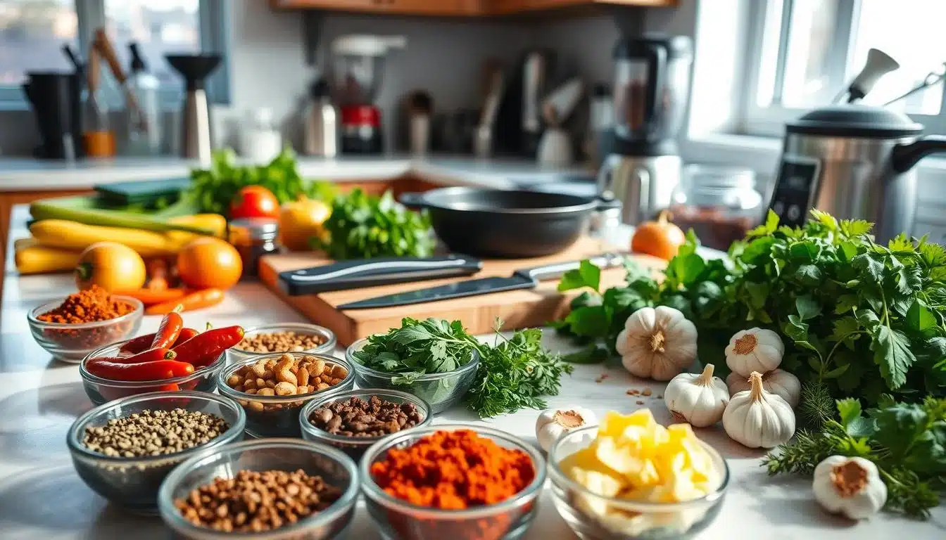 A bright, airy kitchen counter overflows with an array of fresh ingredients and cooking tools. In the foreground, an assortment of spices, herbs, and aromatics - chili peppers, cumin, oregano, garlic - are arranged in small bowls. In the middle ground, a sharp chef