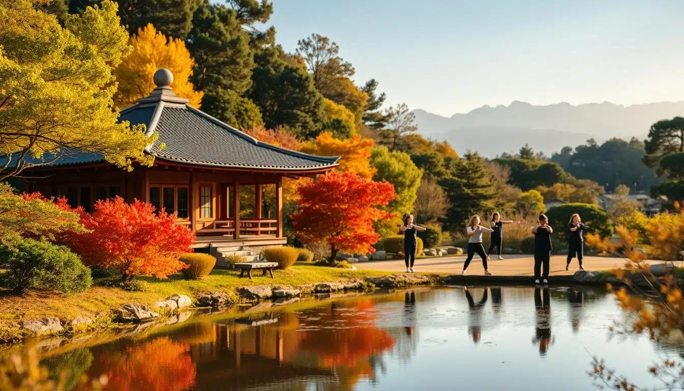 A serene Japanese garden, with a traditional wooden pavilion nestled amidst lush greenery. In the foreground, a tranquil pond reflects the vibrant hues of autumn foliage. In the middle ground, a group of people practice gentle Mounjaro movements, their bodies in harmonious motion. The background features a distant mountain range, its peaks shrouded in mist. Soft, natural lighting filters through the scene, creating a warm, inviting atmosphere. The overall composition conveys a sense of balance, wellness, and the integration of Japanese traditions with modern practices.