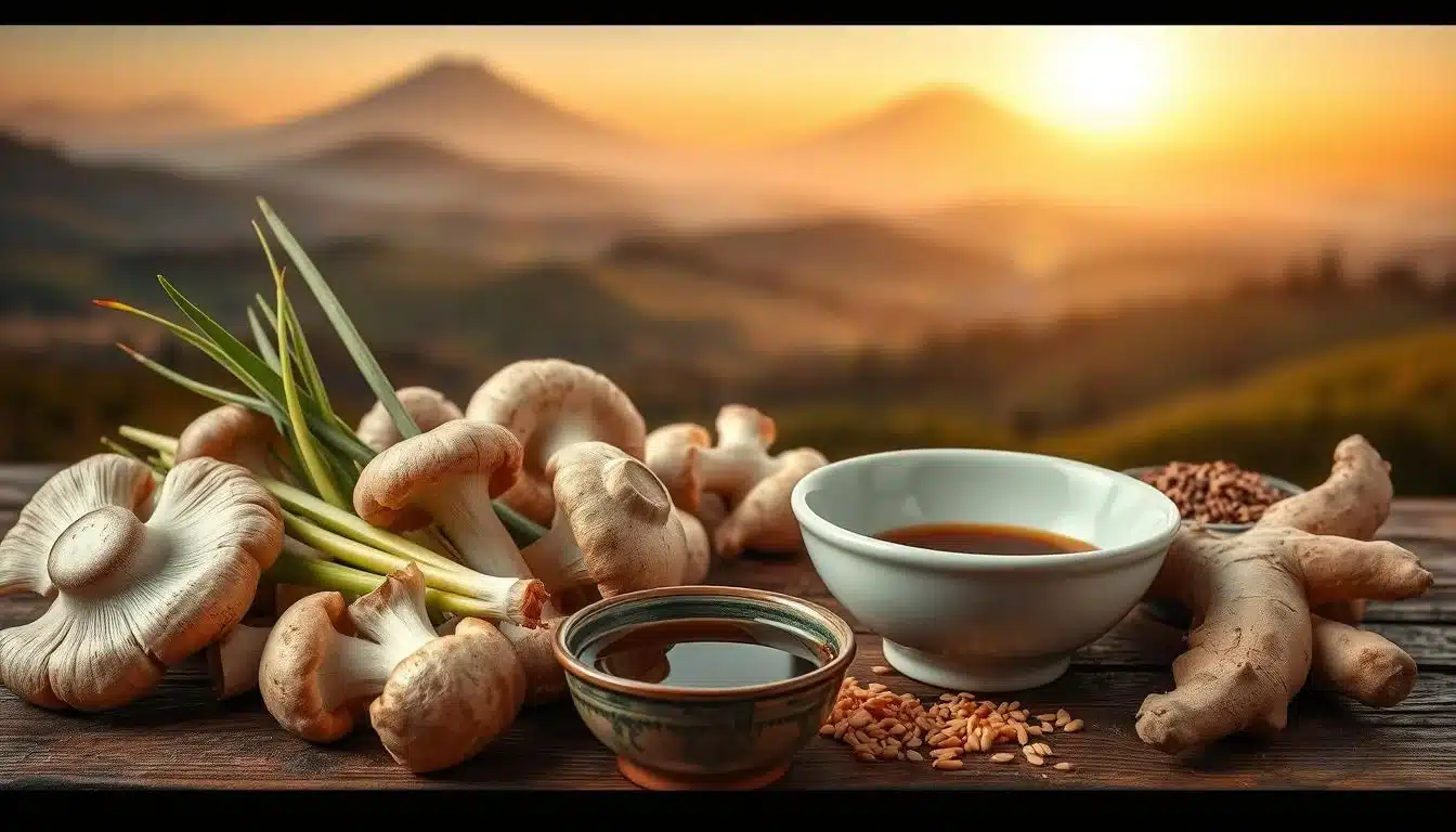 A bountiful display of Japanese Mounjaro ingredients arranged with artistic flair. In the foreground, freshly harvested shiitake mushrooms, vibrant green shallots, and aromatic ginger root sit atop a rustic wooden surface, bathed in warm, natural lighting. In the middle ground, a delicate porcelain bowl showcases the essential seasoning components - fragrant soy sauce, tangy rice vinegar, and a sprinkle of toasted sesame seeds. The background features a serene landscape of rolling hills, with the iconic Mount Fuji silhouetted against a hazy, golden sky, evoking the tranquil essence of Japanese culinary traditions.