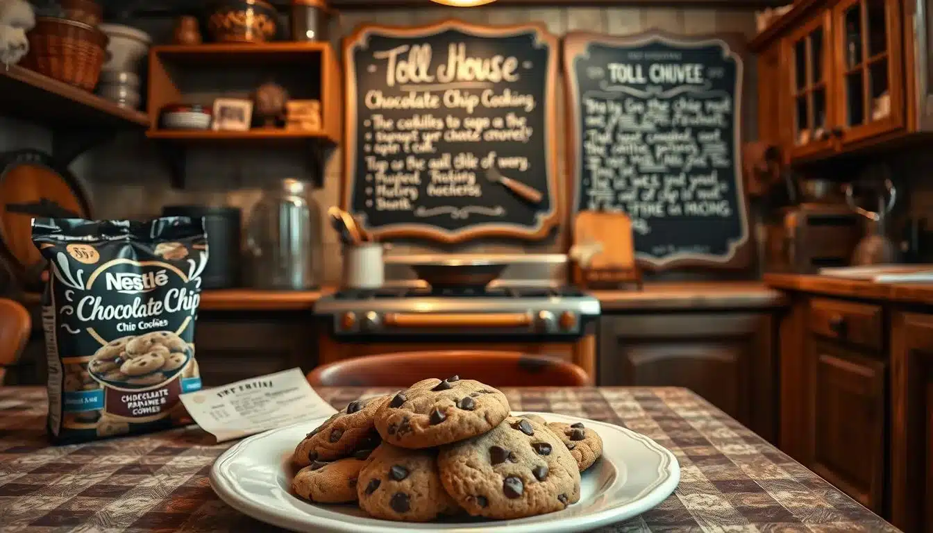 A vintage kitchen scene showcasing the history of the original Nestle Chocolate Chip Cookies. In the foreground, a plate of freshly baked chocolate chip cookies sits on a retro-styled table, with a classic Nestle chocolate chip bag and a worn recipe card nearby. The middle ground features an old-fashioned oven and kitchen utensils, hinting at the traditional baking process. In the background, a wall-mounted chalkboard displays the iconic Toll House recipe, framed by antique kitchen cabinets and rustic decor, creating a warm, nostalgic atmosphere. Warm, soft lighting illuminates the scene, evoking the timeless charm of the original Nestle Chocolate Chip Cookies.