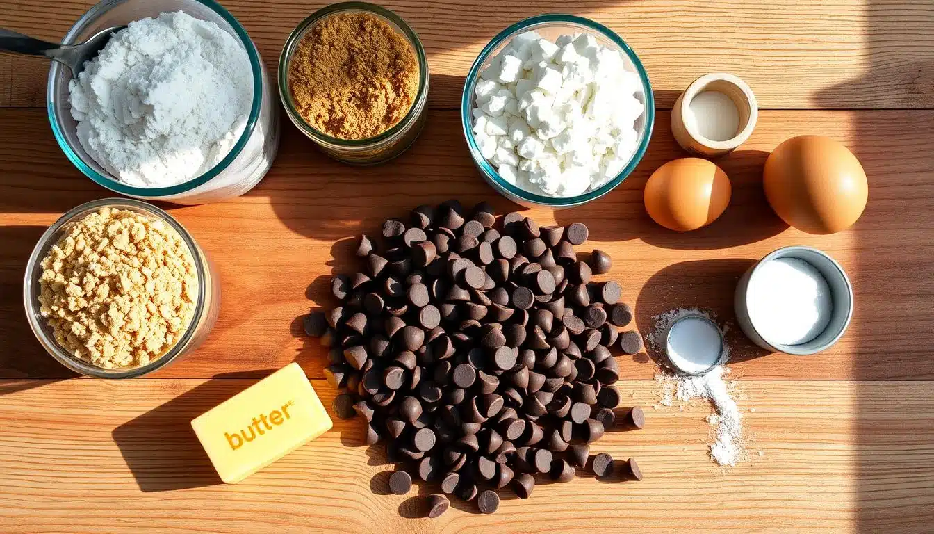 High-resolution photograph of a wooden table top with various ingredients for Nestle semi-sweet chocolate chip cookies, including flour, brown sugar, granulated sugar, butter, eggs, baking soda, salt, and a pile of Nestle semi-sweet chocolate chips in the center. The ingredients are laid out in an appealing, organized arrangement, with warm, natural lighting casting soft shadows. The image has a cozy, homemade feel, emphasizing the essential elements needed to bake classic Nestle chocolate chip cookies.