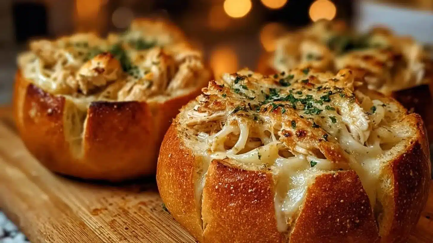 Chicken Alfredo Garlic Bread Bowls