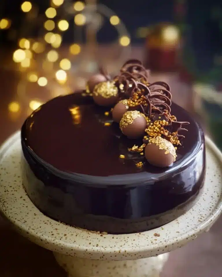Delicious eggless Dutch Truffle Cake covered in chocolate and garnished with cocoa.
