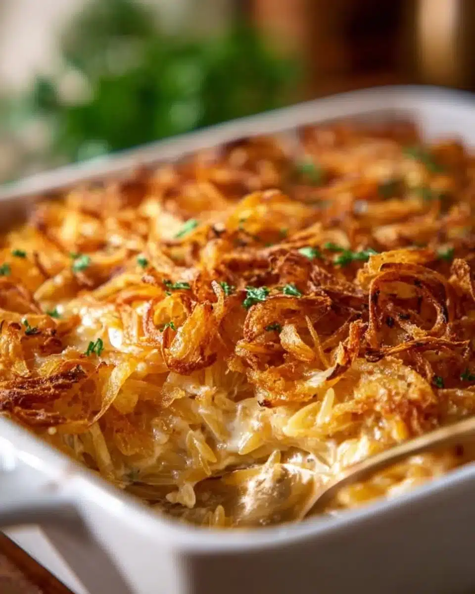 French Onion Chicken Orzo Casserole