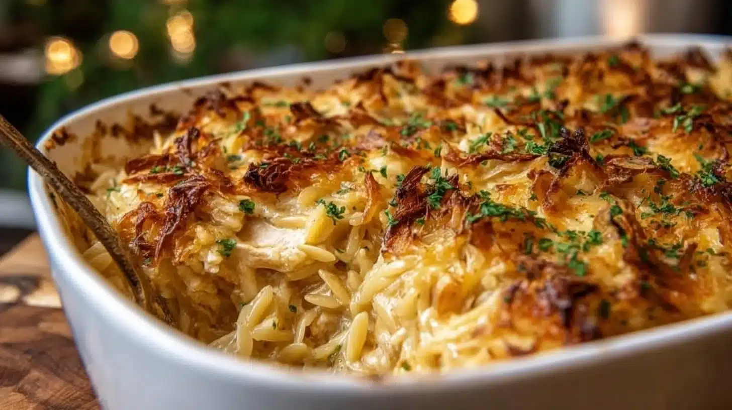 French Onion Chicken Orzo Casserole
