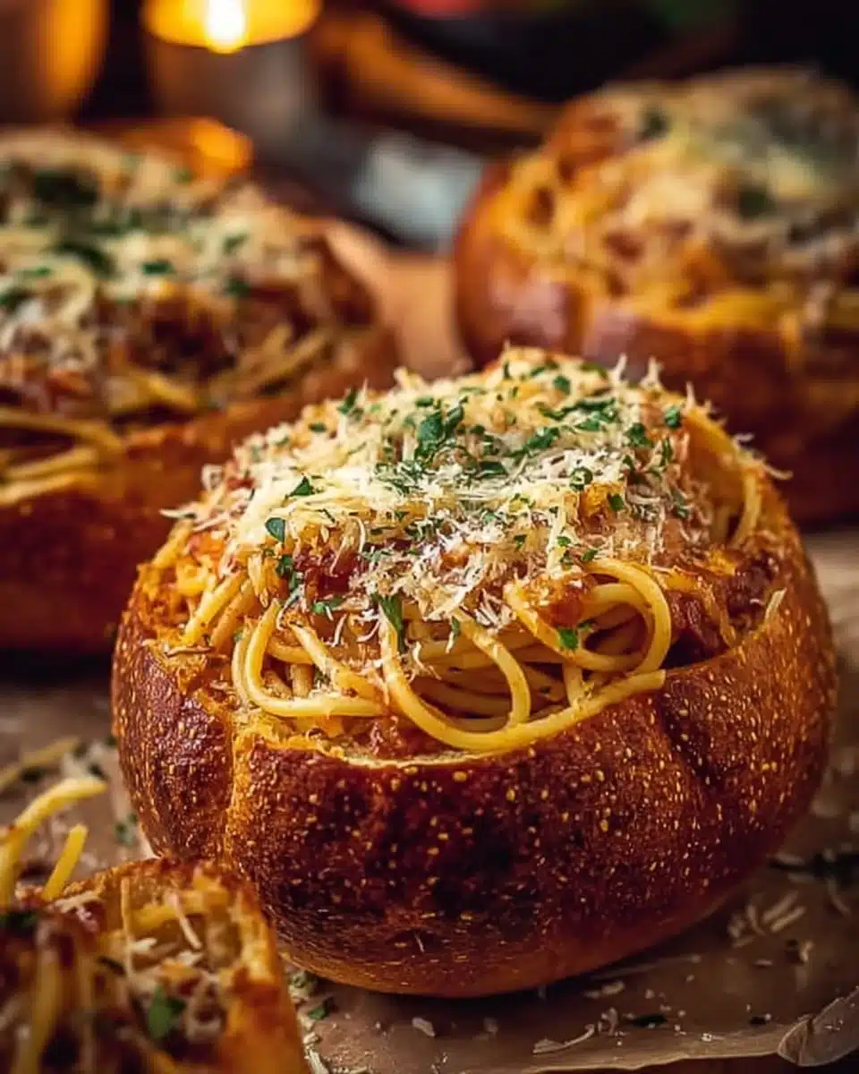 Spaghetti Garlic Bread Bowls