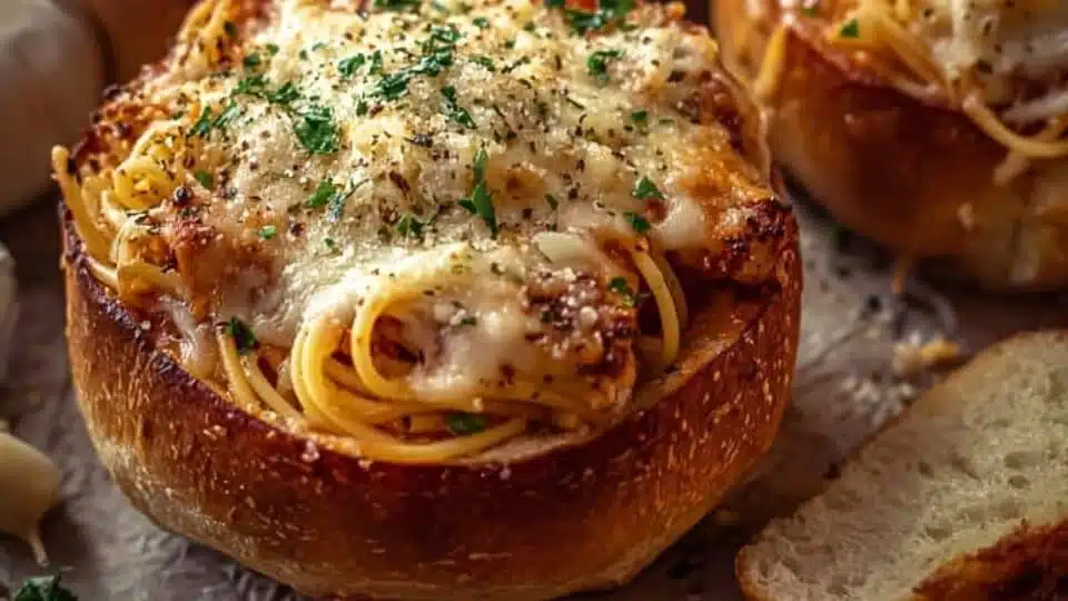 Spaghetti Garlic Bread Bowls