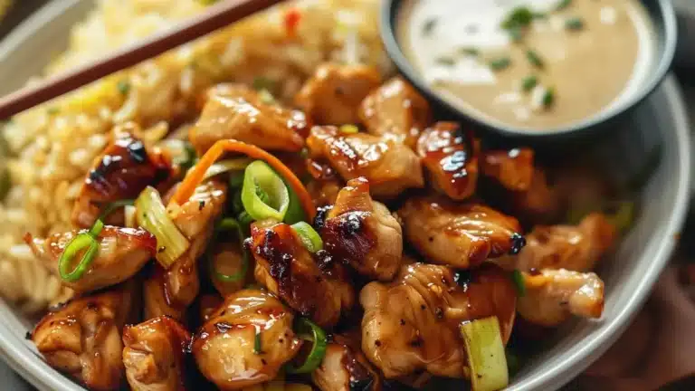 Delicious Hibachi Chicken served with sautéed vegetables and Yum Yum sauce