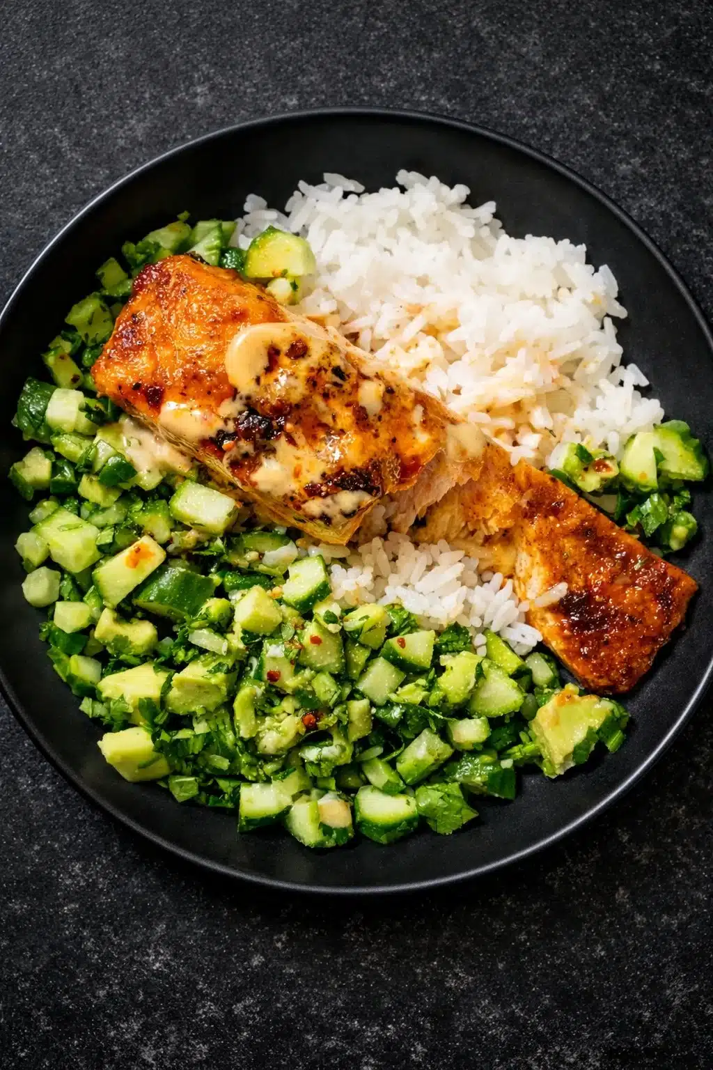 Bang Bang Salmon With Avocado Cucumber Salsa