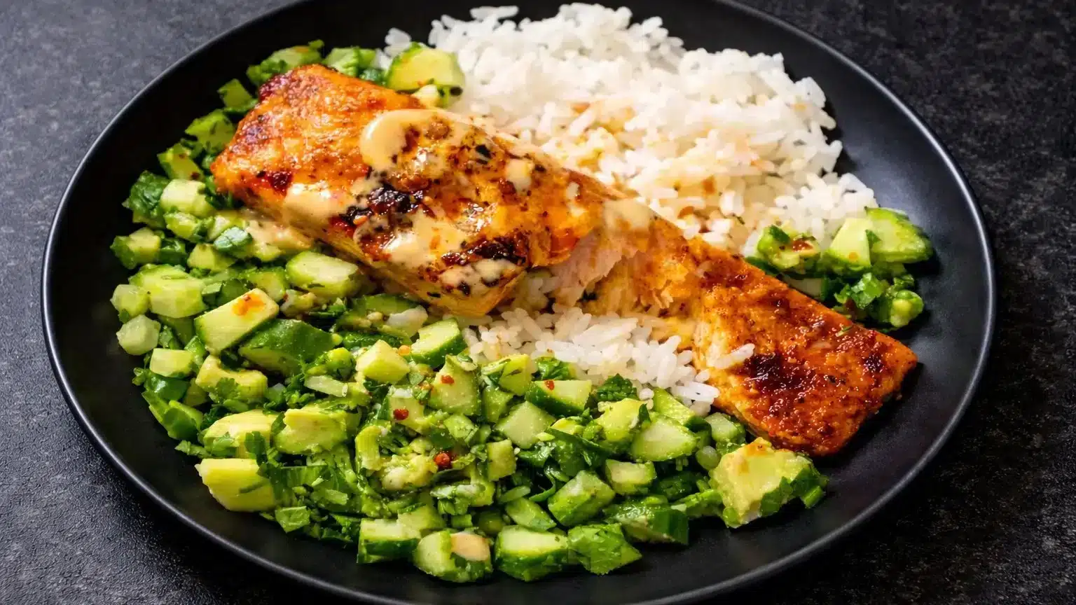 Bang Bang Salmon With Avocado Cucumber Salsa