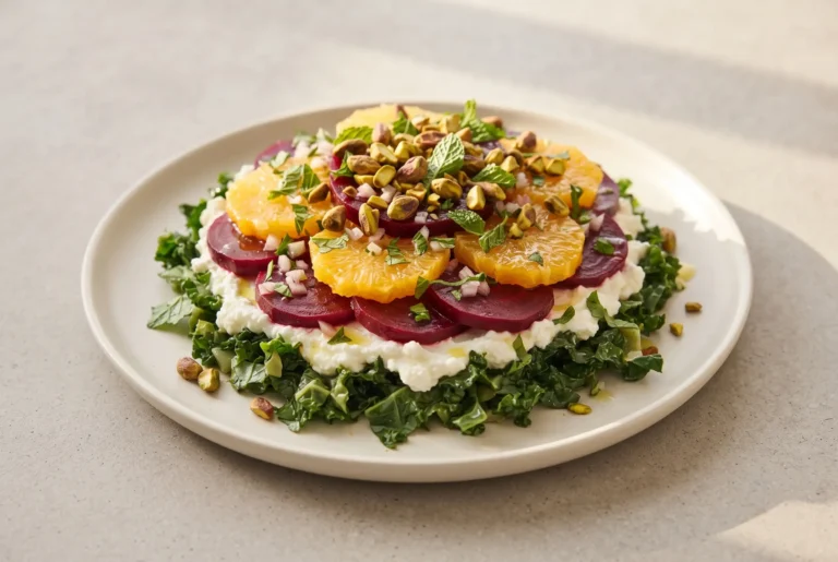 7 layer beet salad with kale, beets, oranges, ricotta, pistachios, and herbs on a plate