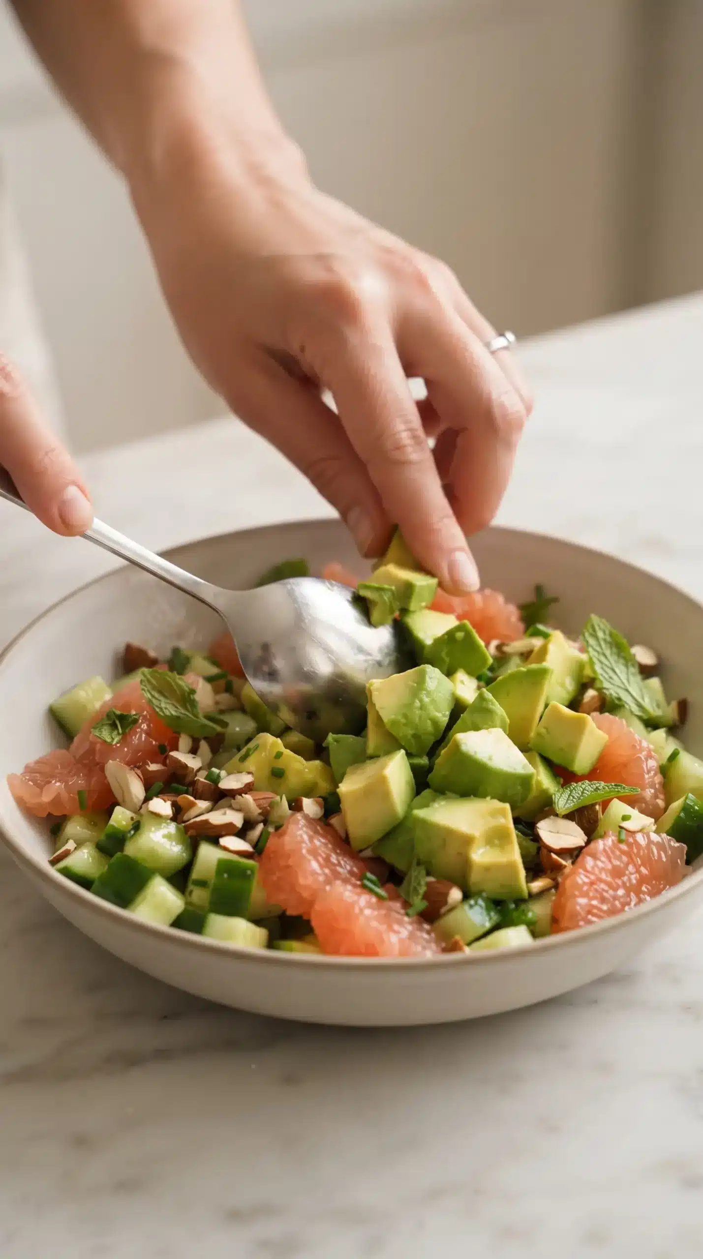 Hand folding avocado cubes into cucumber grapefruit salad ingredients