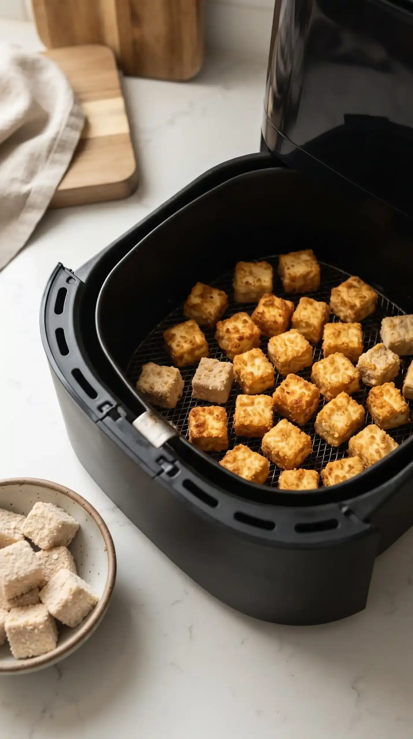 Crispy tofu chunks in an air fryer basket after cooking