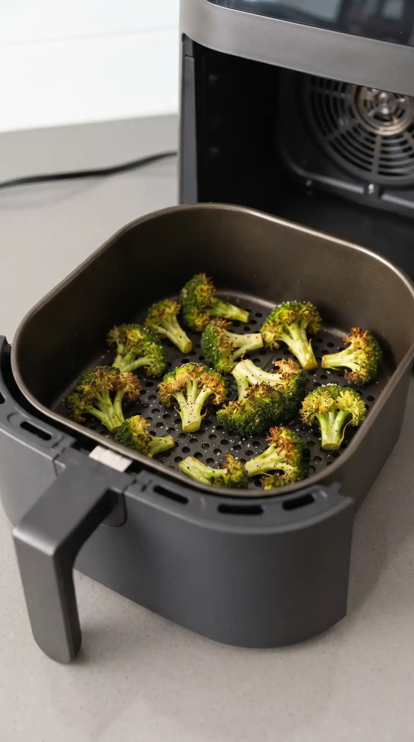 Broccoli florets cooking in an air fryer basket with browning edges