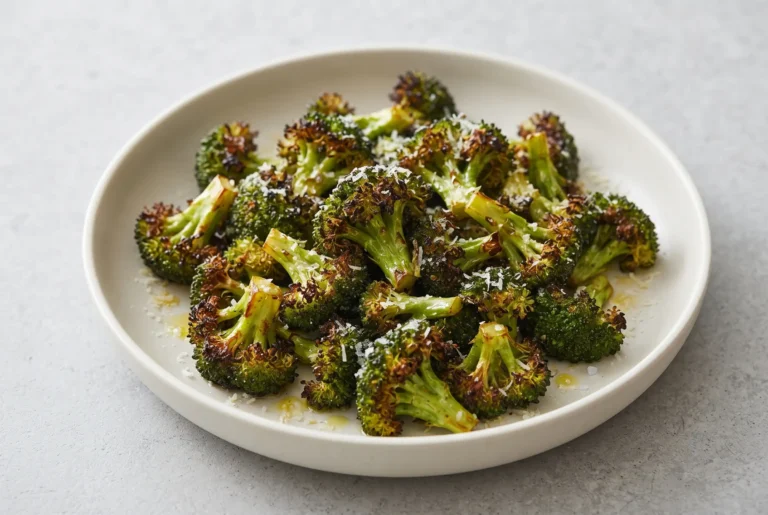 Air fryer broccoli with tender green florets and browned roasted edges in a bowl
