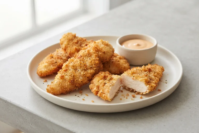 Air fryer chicken tenders with a golden seasoned breadcrumb coating on a plate