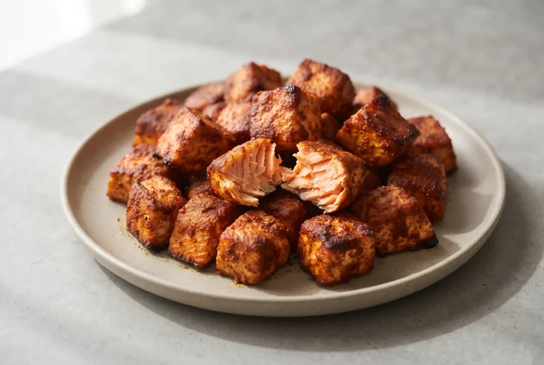 Air fryer salmon cubes with a caramelized brown sugar spice coating and flaky tender centers on a plate