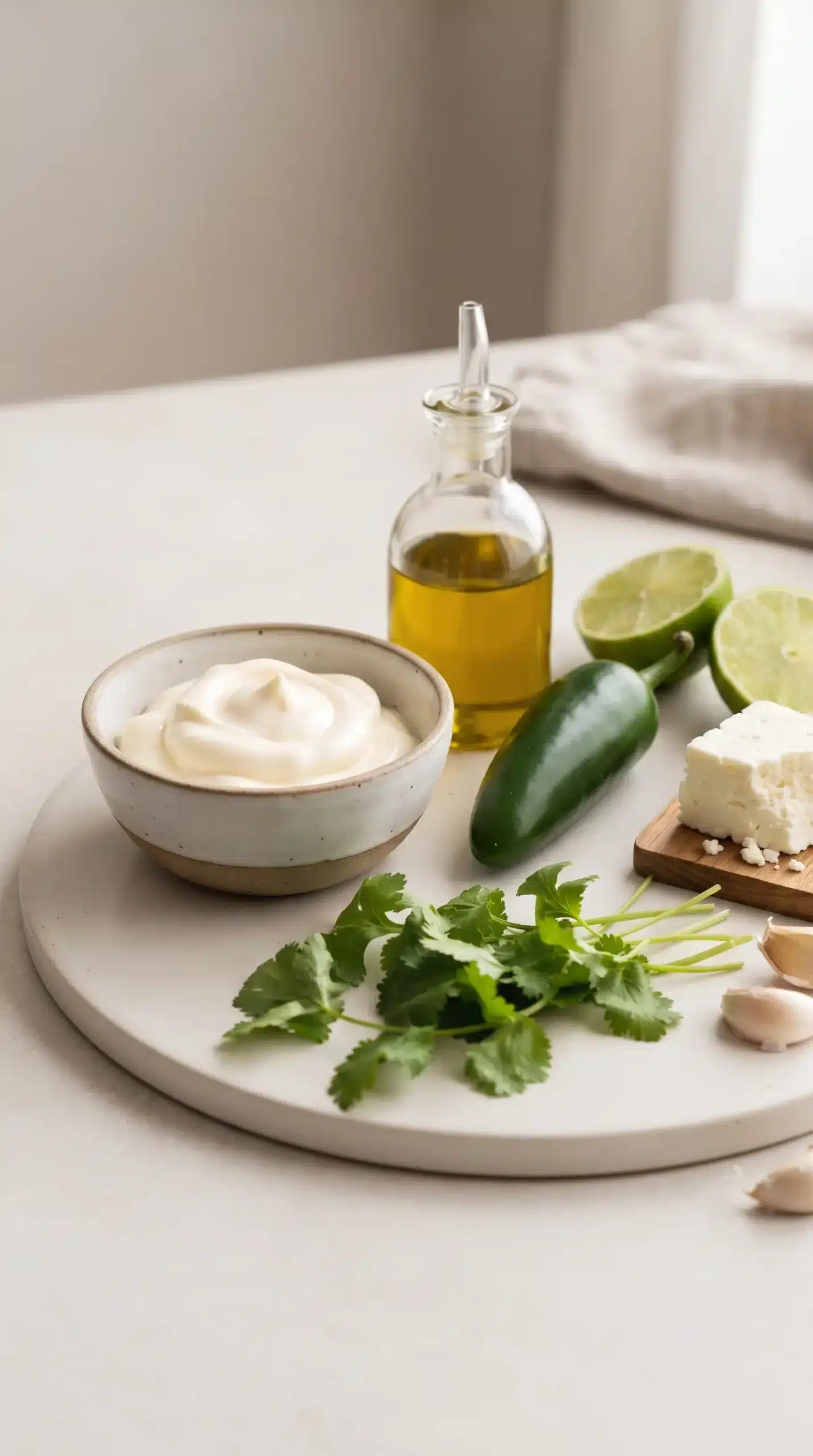 Cilantro, jalapeño, queso fresco, lime, garlic, mayonnaise, and oil for aji verde sauce