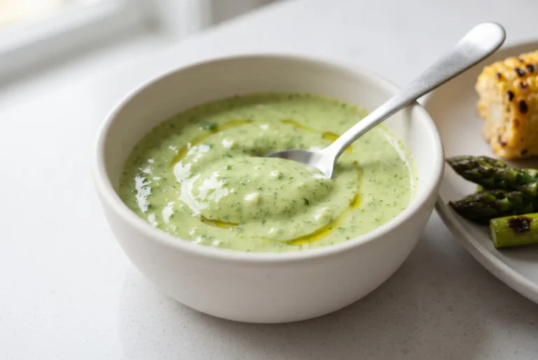 Aji verde sauce in a bowl with creamy green cilantro, jalapeño, and queso fresco texture