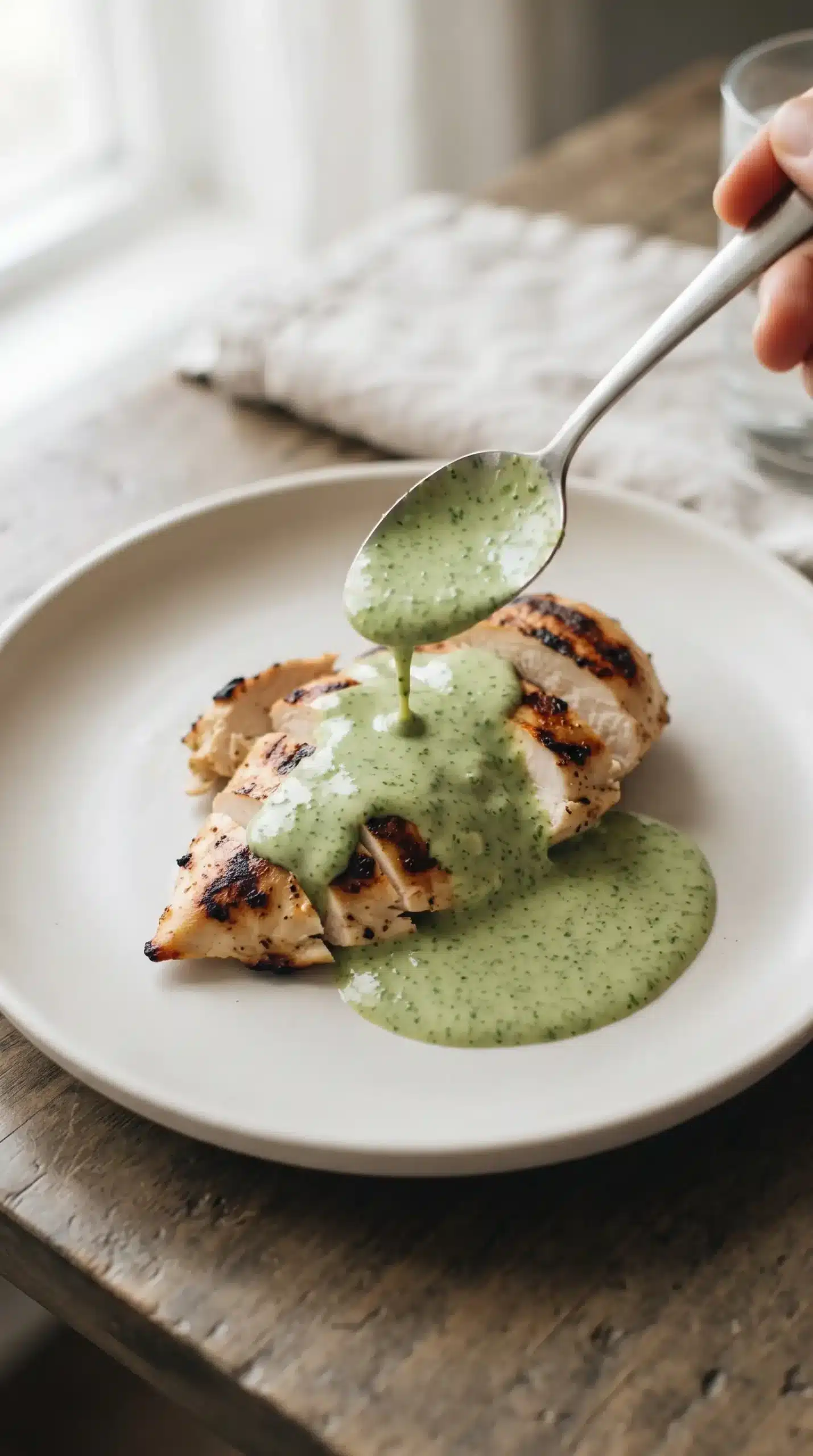 Creamy aji verde sauce drizzled over grilled chicken in a serving dish