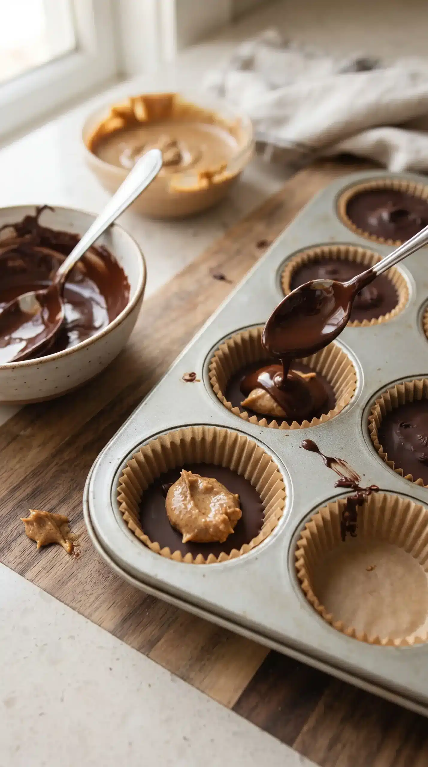 Almond butter cups being assembled with chocolate layers and nut butter filling