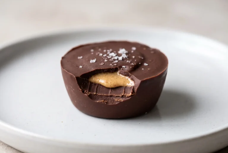 Almond butter cup with a chocolate shell, creamy center, and sea salt topping