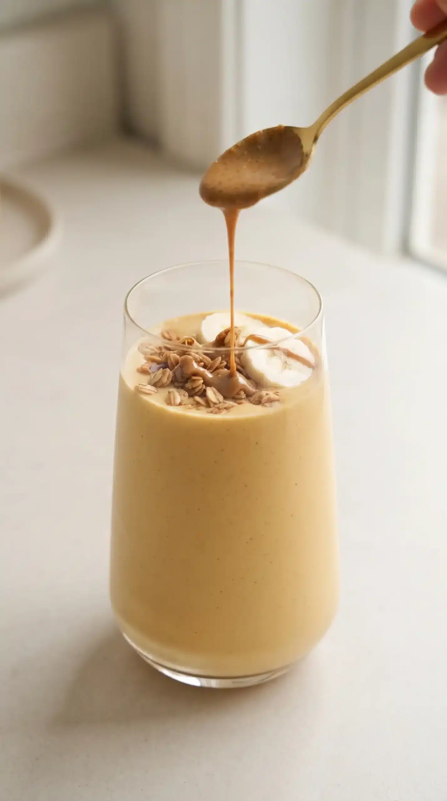 Sweet potato almondmilk milkshake with almond butter drizzle added before serving