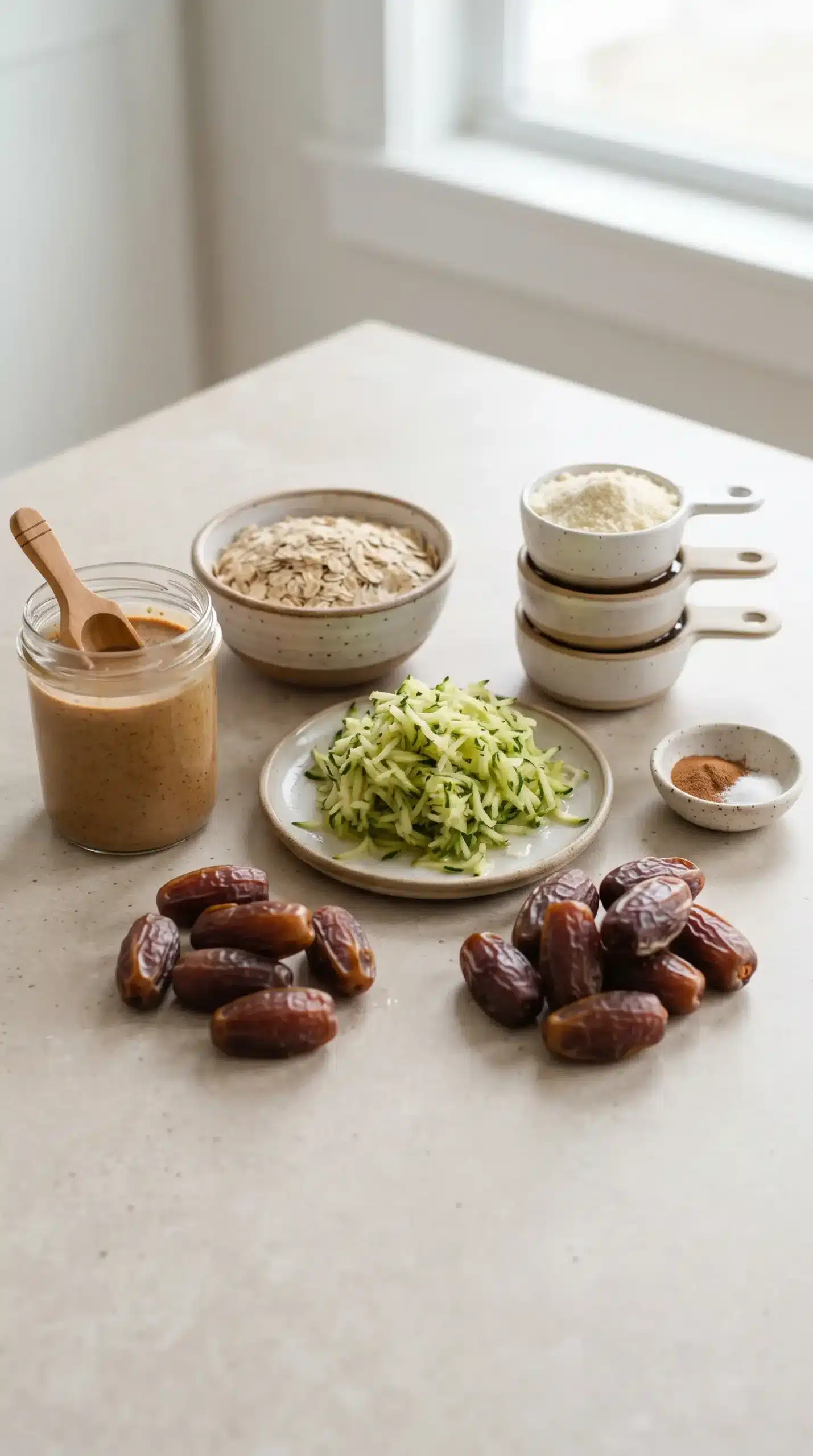 Rolled oats, zucchini, dates, and almond butter prepared for zucchini bars