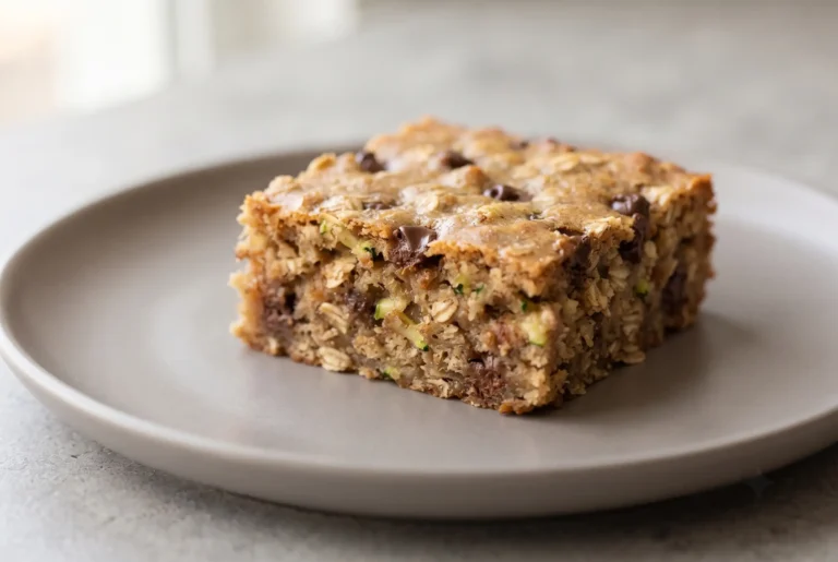 Almond butter zucchini bar with chocolate chips and dates on a ceramic plate