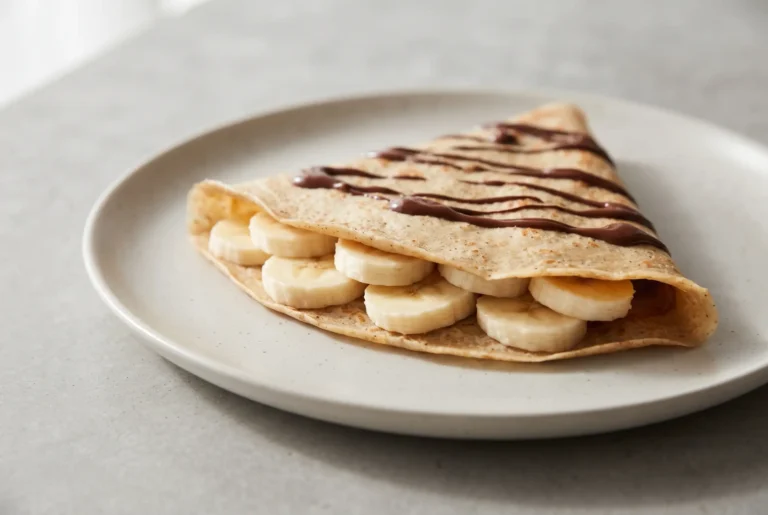 Folded banana crepes with sliced bananas and chocolate drizzle on a ceramic plate