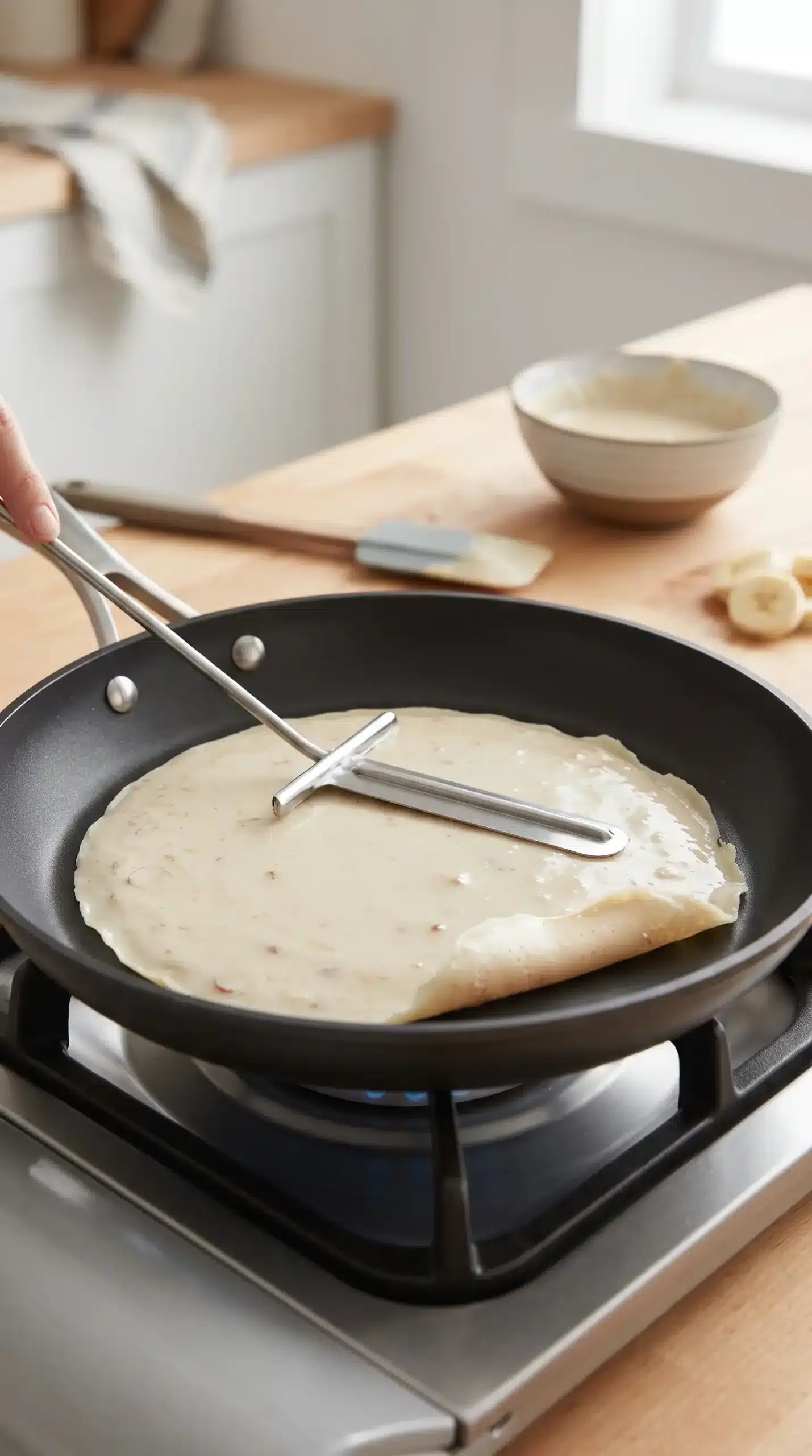 Thin almond oat crepe batter cooking in a nonstick skillet