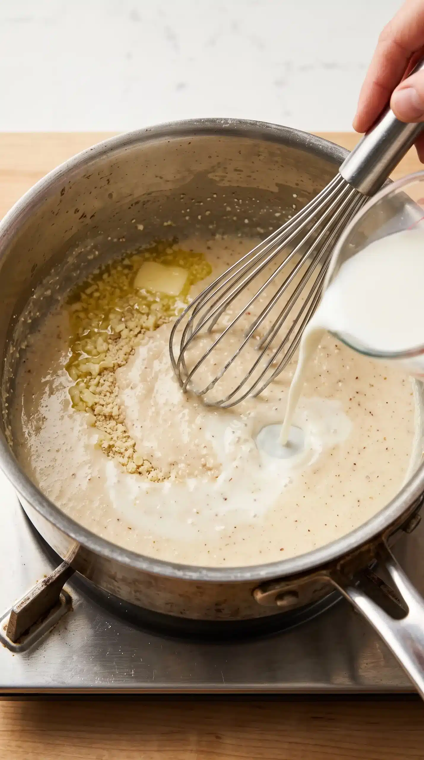 Almond sauce being whisked in a saucepan for broccoli cheese rice