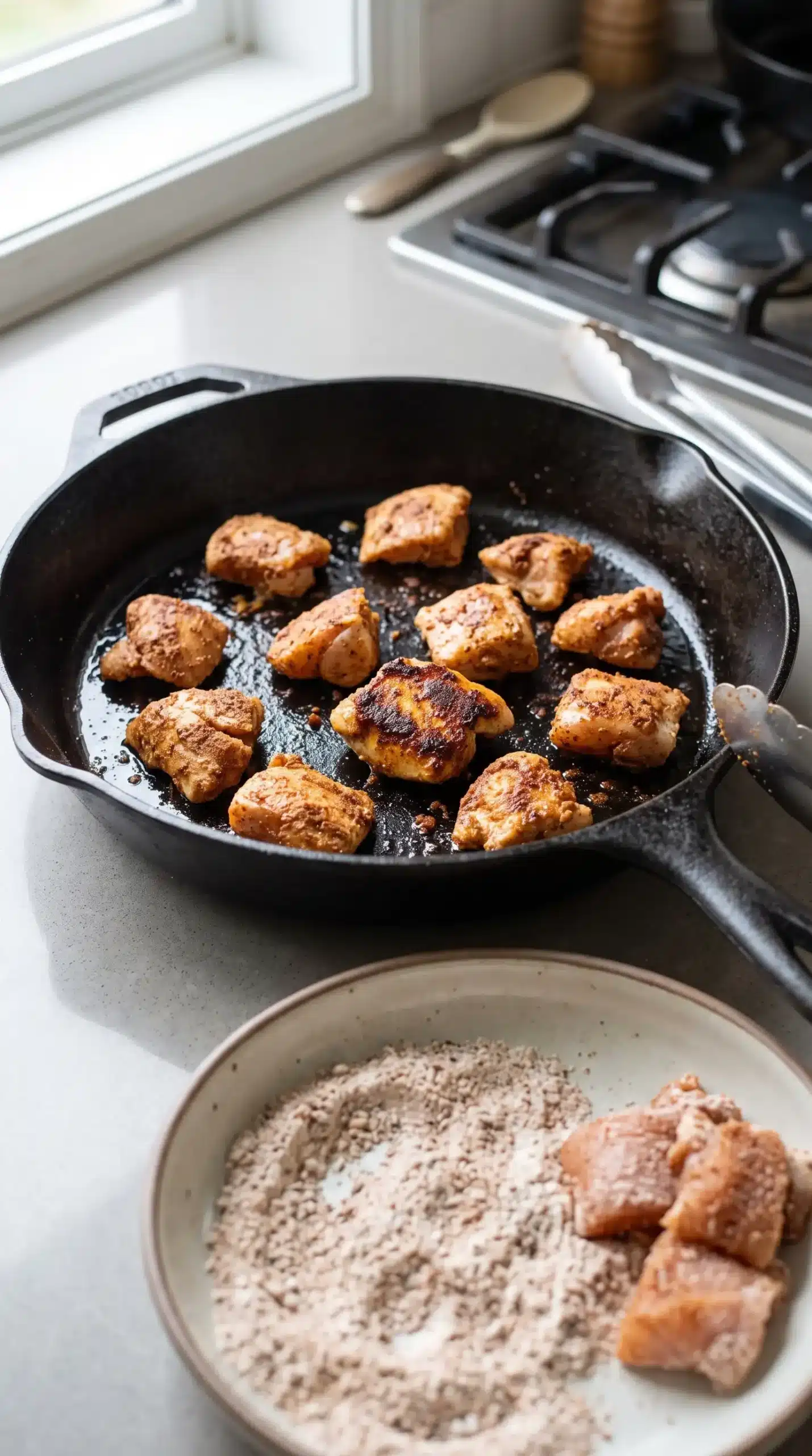 Chicken pieces coated with ancho seasoning browning in a skillet