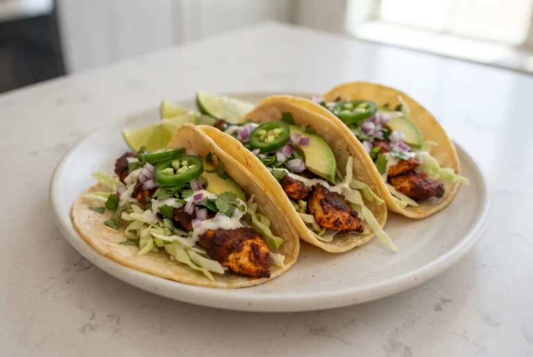 Ancho chicken tacos with corn tortillas, cabbage, chicken, avocado, cilantro, and lime