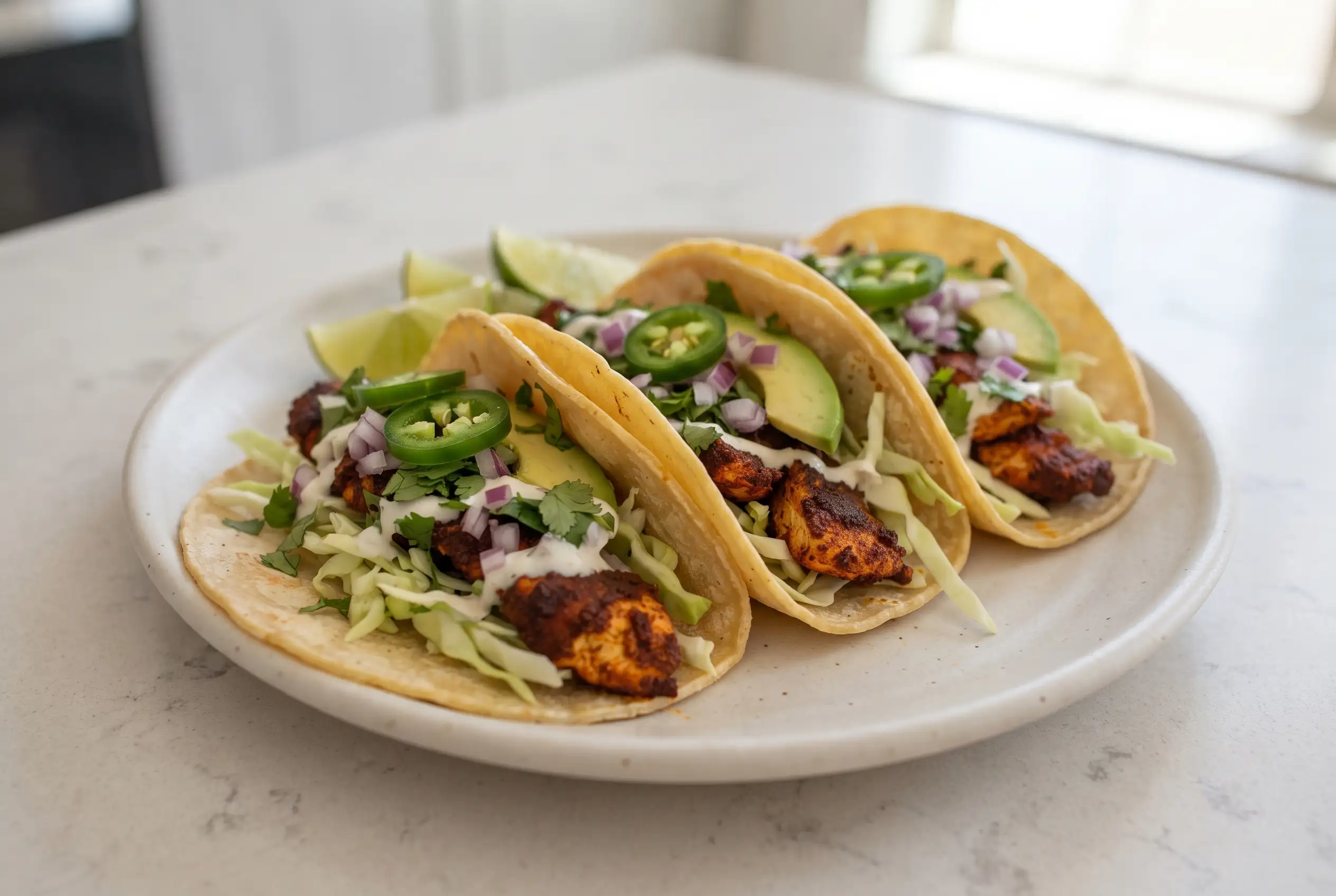Ancho chicken tacos with corn tortillas, cabbage, chicken, avocado, cilantro, and lime