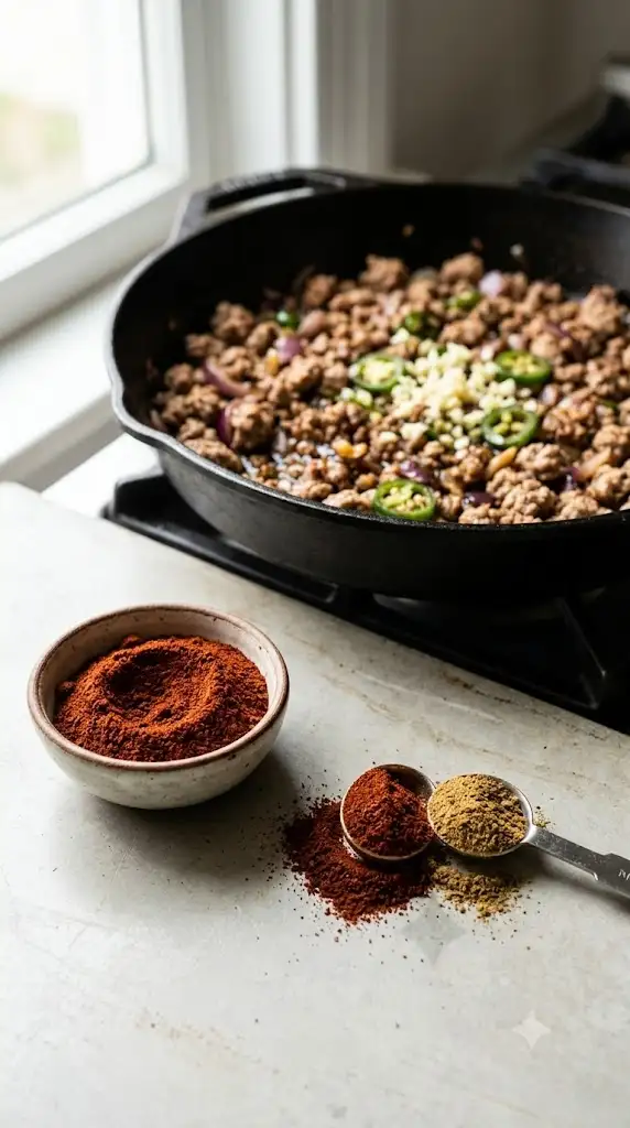 Ancho chili powder, cumin, and browned turkey prepared for spicy turkey chili