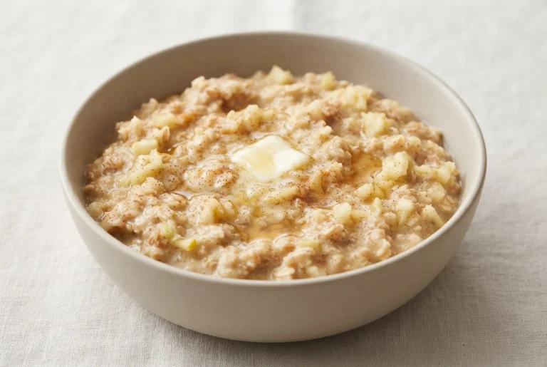 Apple bran oatmeal in a bowl with oats, grated apple, cinnamon, and brown sugar topping